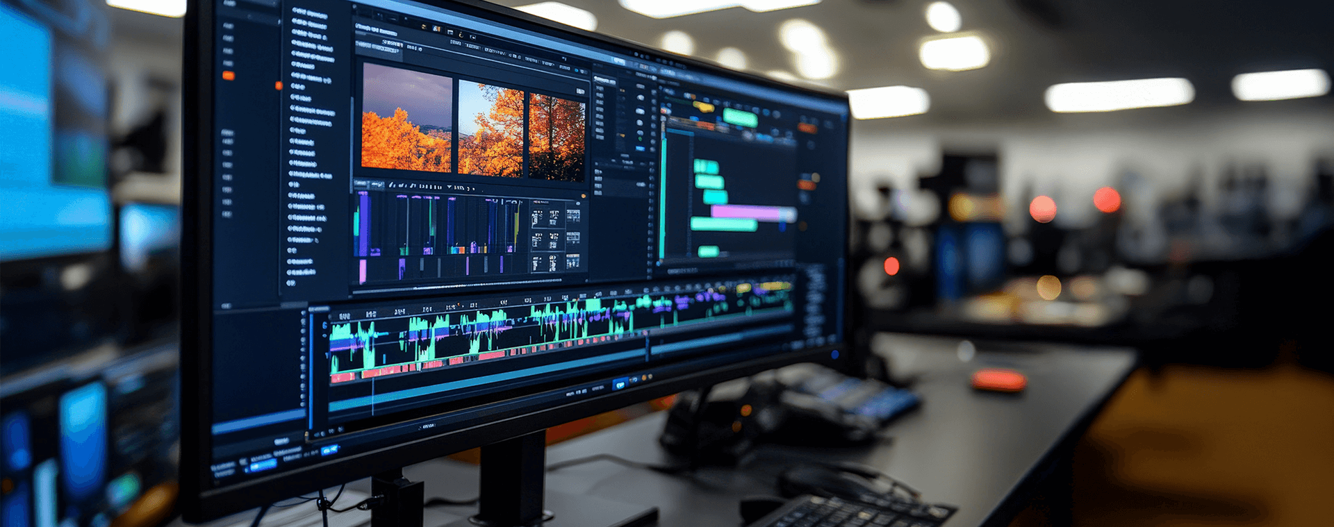 arge monitor display of video editing learned potentially through Video for Business course at Pitman Training Ireland