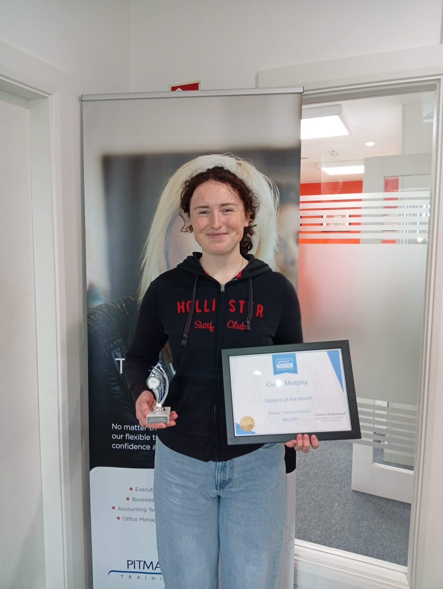 Ciara Murphy receiving Student of the Month award at Pitman Training Wexford May 2026.